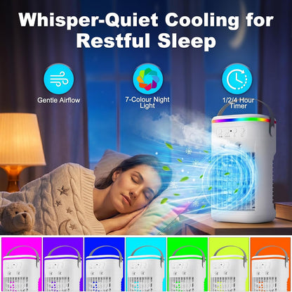 Climatiseur Mobile, Mini Rafraîchisseur d’Air Silencieux avec Télécommande, Ventilateur Brumisateur USB, 3 Vitesses, 2 Modes Brume, Minuteur 1H/2H/4H, LED 7 Couleurs, pour Chambre Bureau