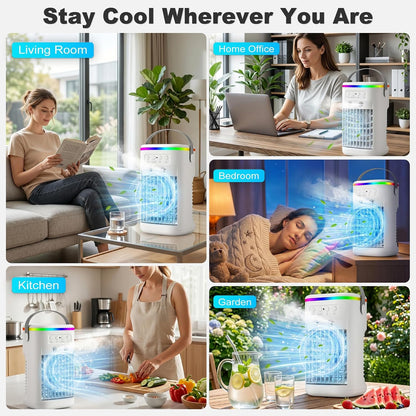 Climatiseur Mobile, Mini Rafraîchisseur d’Air Silencieux avec Télécommande, Ventilateur Brumisateur USB, 3 Vitesses, 2 Modes Brume, Minuteur 1H/2H/4H, LED 7 Couleurs, pour Chambre Bureau