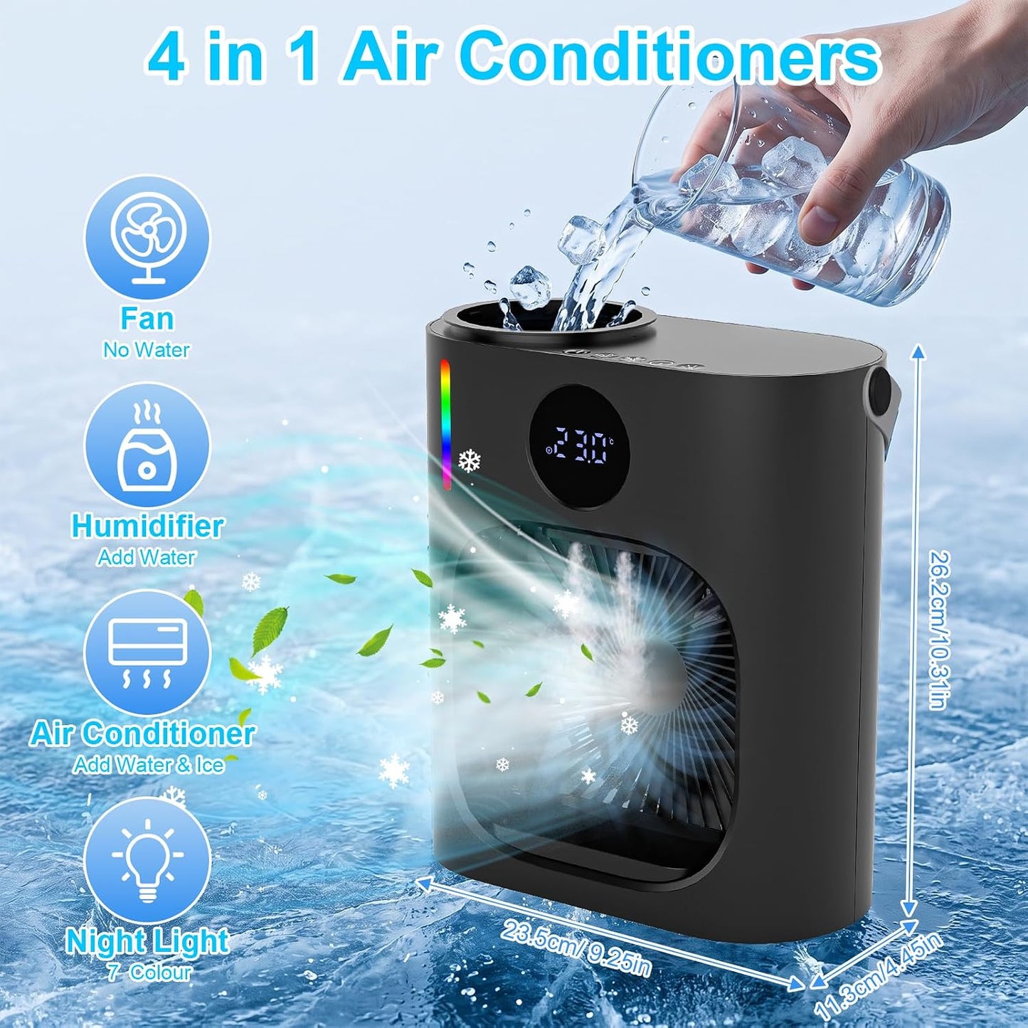 Climatiseur Mobile, GuKKK Climatiseur Portable Silencieux 900ML, 4 en 1 Refroidisseur d'Air, USB Mini Air Climatiseur Ventilateur, 3 Vitesses, 2 Modes de Brumisation, pour Chambre