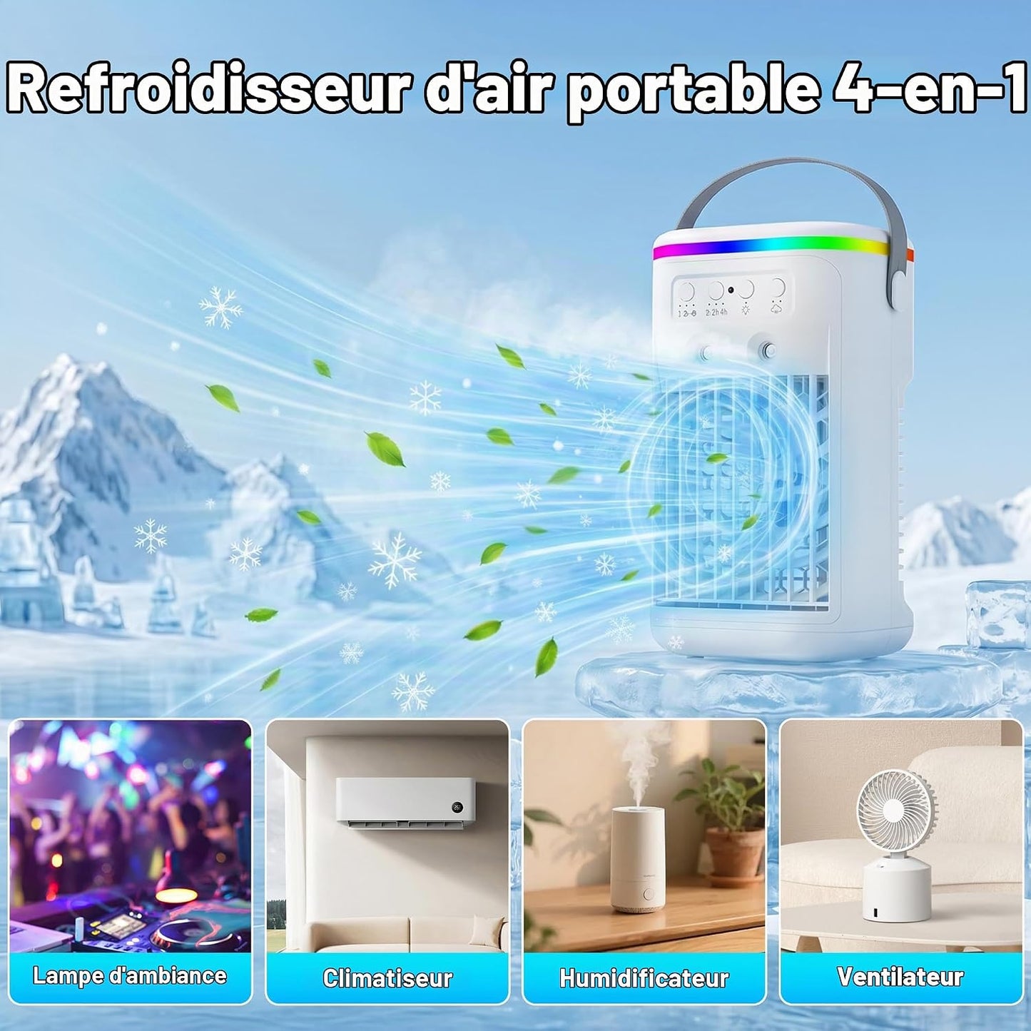 Climatiseur Mobile, Mini Rafraîchisseur d’Air Silencieux avec Télécommande, Ventilateur Brumisateur USB, 3 Vitesses, 2 Modes Brume, Minuteur 1H/2H/4H, LED 7 Couleurs, pour Chambre Bureau