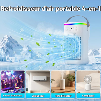 Climatiseur Mobile, Mini Rafraîchisseur d’Air Silencieux avec Télécommande, Ventilateur Brumisateur USB, 3 Vitesses, 2 Modes Brume, Minuteur 1H/2H/4H, LED 7 Couleurs, pour Chambre Bureau