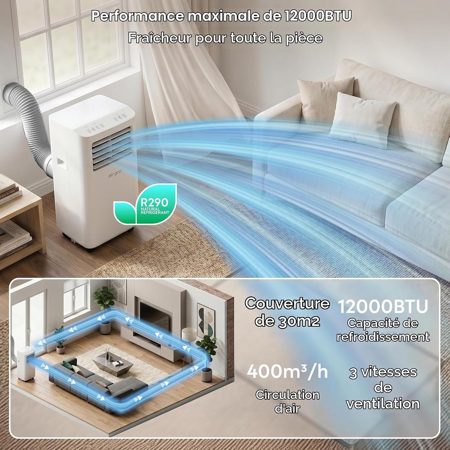 Air Pro 12000 BTU Climatiseur portable AC, unité intelligente Wifi 4-en-1 avec minuterie 24h et kit de fenêtre. Refroidisseur mobile écoénergétique de classe A pour pièces jusqu'à 30m2