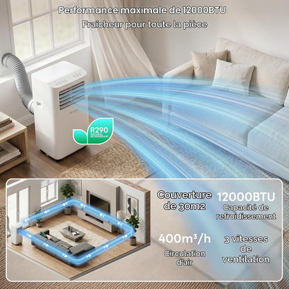 Air Pro 12000 BTU Climatiseur portable AC, unité intelligente Wifi 4-en-1 avec minuterie 24h et kit de fenêtre. Refroidisseur mobile écoénergétique de classe A pour pièces jusqu'à 30m2