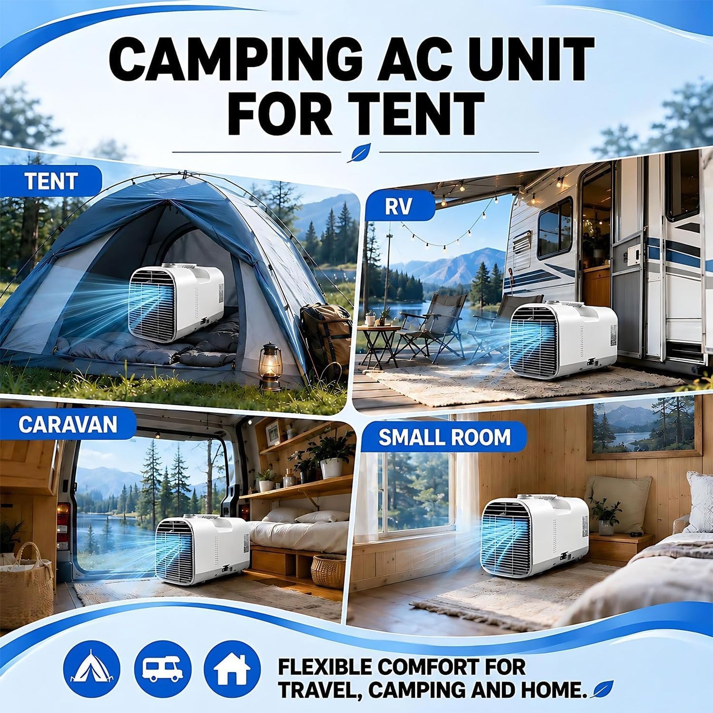 Climatiseur portable 220V à double tuyau, Refroidit vite 5100BTU | Climatiseur mobile 4-en-1 avec refroidissement, déshumidification, ventilation & modes sommeil pour camping, tentes, chambre