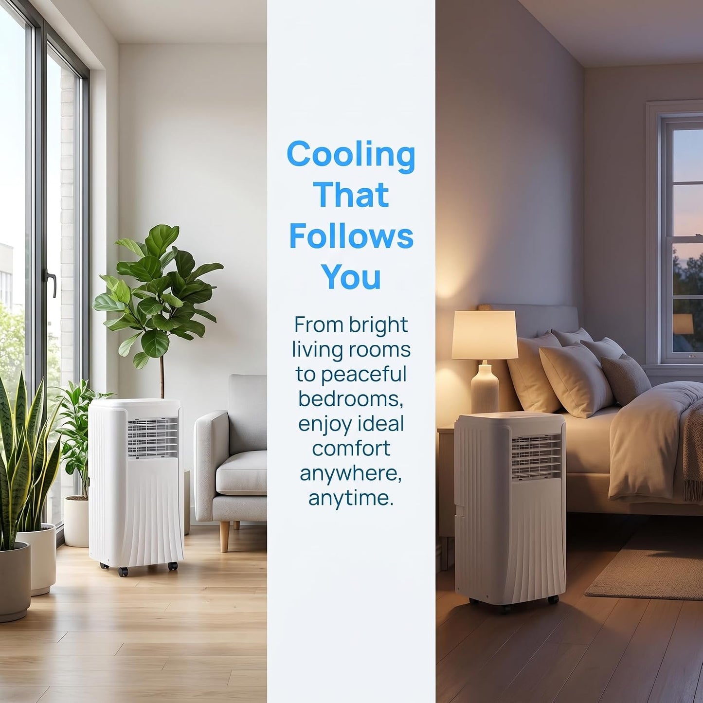 Climatiseur portable 12 000 BTU, refroidissement et déshumidificateur, 2 réglages de vitesse, minuterie 24h, kit de fenêtre, oscillation à 120 ° pour pièces jusqu'à 300 m²