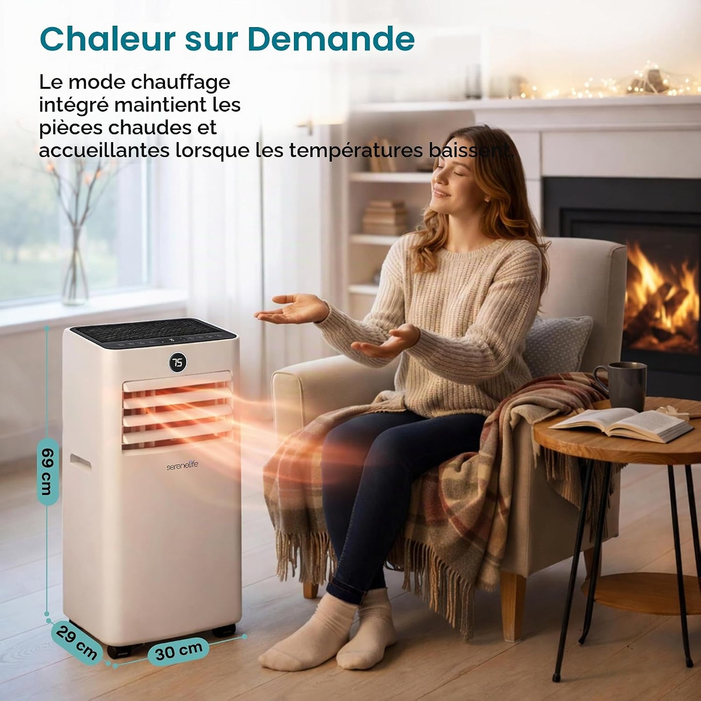 SereneLife Climatiseur Mobile 7000 BTU avec Chauffage, Jusqu'à 31 m² – Silencieux 55 dB, Déshumidificateur, Ventilateur, Télécommande et Écran LED