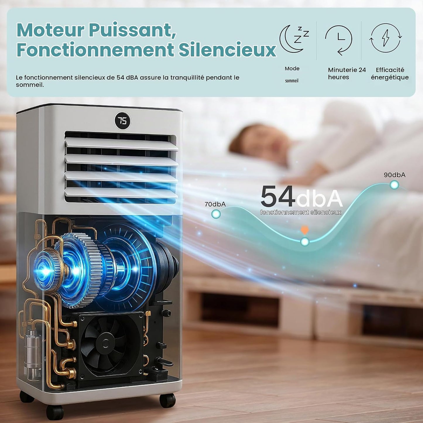 SereneLife Climatiseur Mobile 7000 BTU avec Chauffage, Jusqu'à 31 m² – Silencieux 55 dB, Déshumidificateur, Ventilateur, Télécommande et Écran LED