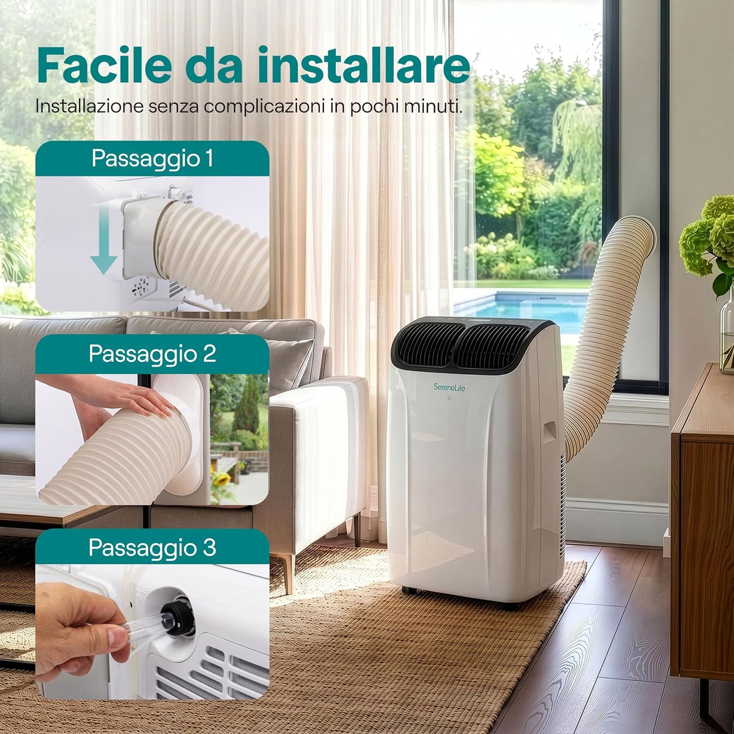 SereneLife Climatiseur Portable 12 000 BTU – Clim Mobile 3 en 1 Silencieuse avec WiFi, Déshumidificateur, Ventilation, Rafraîchisseur d’Air, Kit Fenêtre, Télécommande, Contrôle APP, Minuterie 24 h
